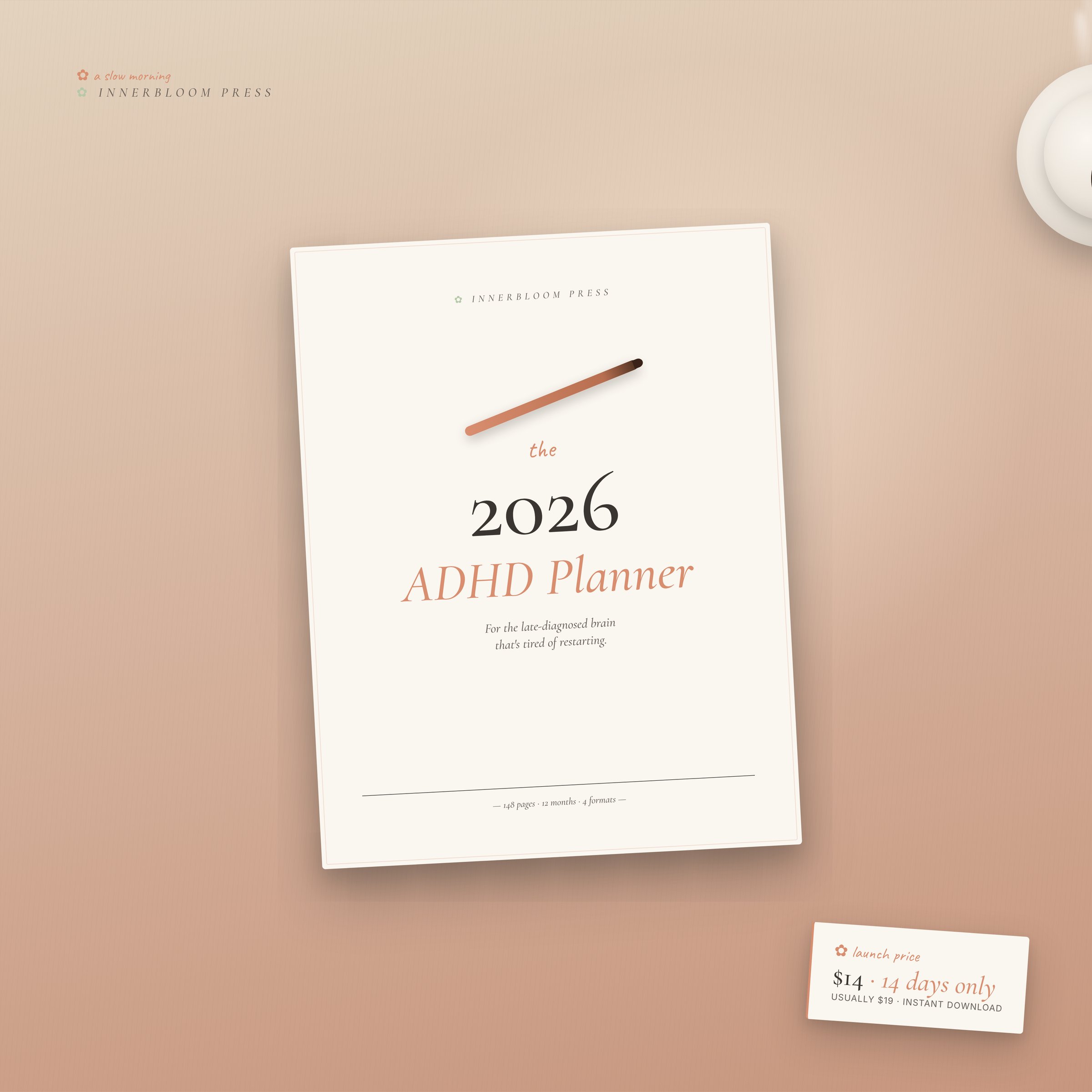 2026 ADHD Planner shown on a soft pastel desk scene